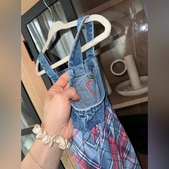 Vintage y2k I.N. girl embroidered denim dress apples plaid appliqué toddler girl - Picture 8 of 9